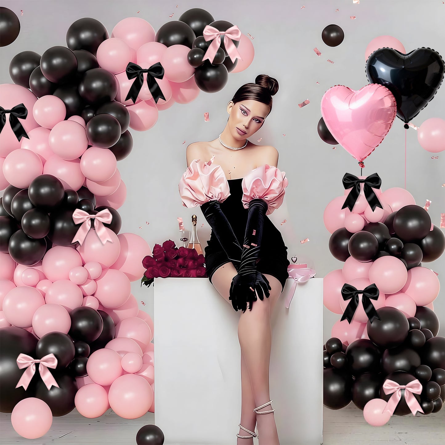 KiddiTouch 146Pcs Black and Pink Balloon Garland Arch Kit, 5 10 12 18 Inch Black Pink Confetti Latex Balloons Decorations for Birthday, Wedding, Baby Shower and Party