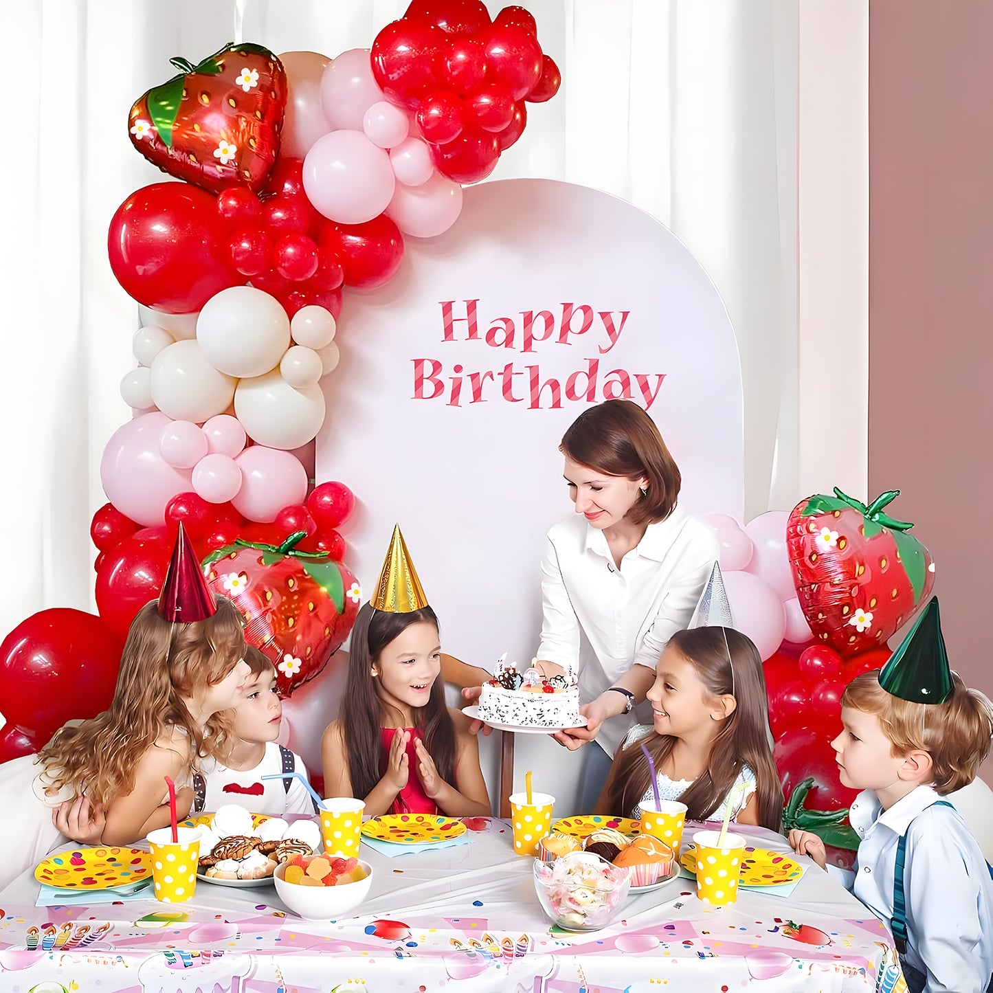 KiddiTouch 121Pcs Strawberry Balloon Arch Garland Kit, Red and Pink Balloons with 23inch Strawberry Foil Balloons for Girls Sweet One Berry First Birthday Baby Shower Strawberry Party Decorations
