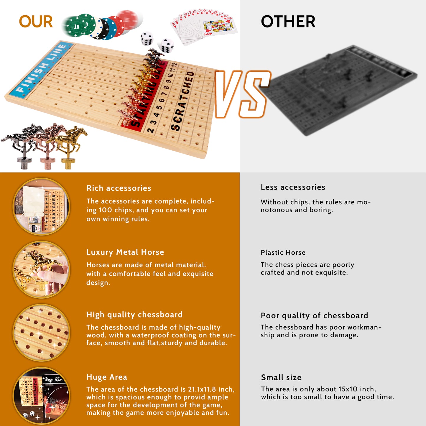 KiddiTouch Horse Racing Game, Horse Race Board Game, Thickened Solid Wood Horse Games with 11 Metal Horses, 2 Dices, 2 Boxes of Cards and 5 Sets of Gaming Chips Gifts for Families Games and Parties