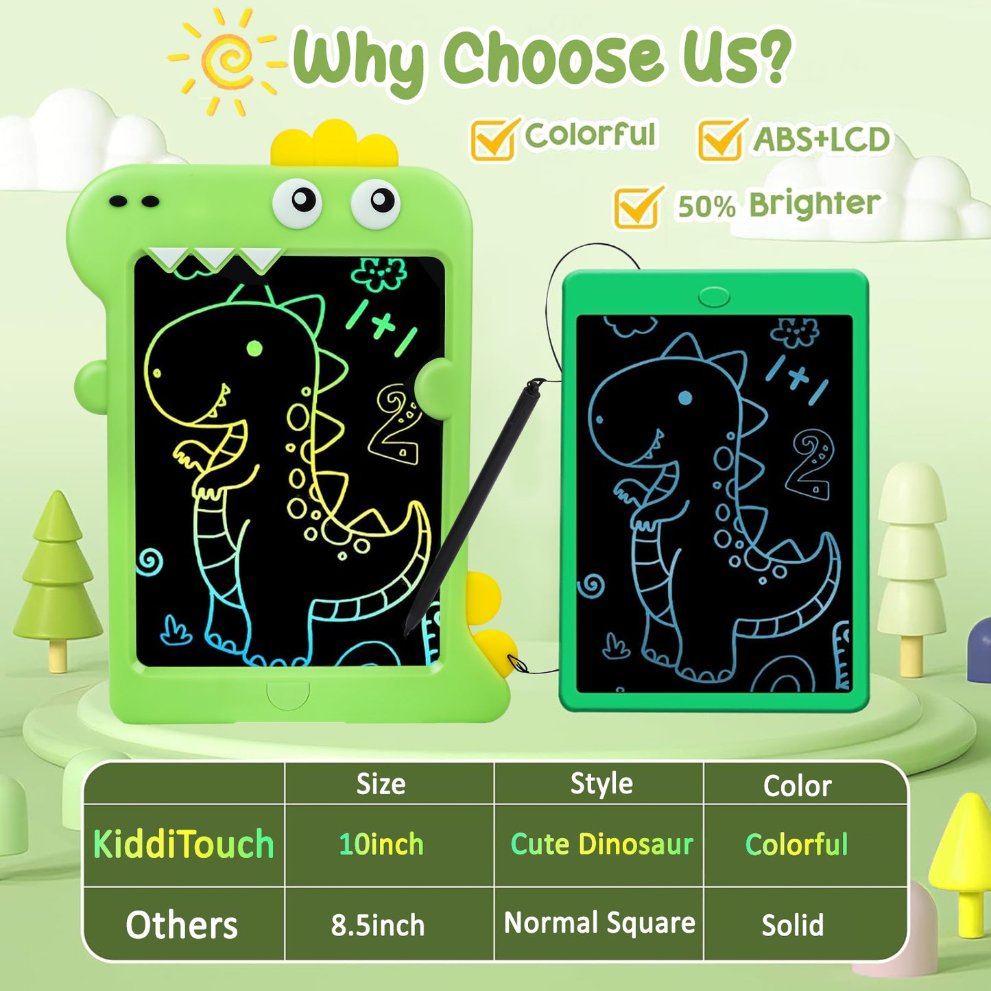 KiddiTouch LCD Writting Tablet for Kids 10 Inch Dinosaur Erasable Doodle Board Mess Free Drawing Pad for Boys Educational Toys Birthday Gift