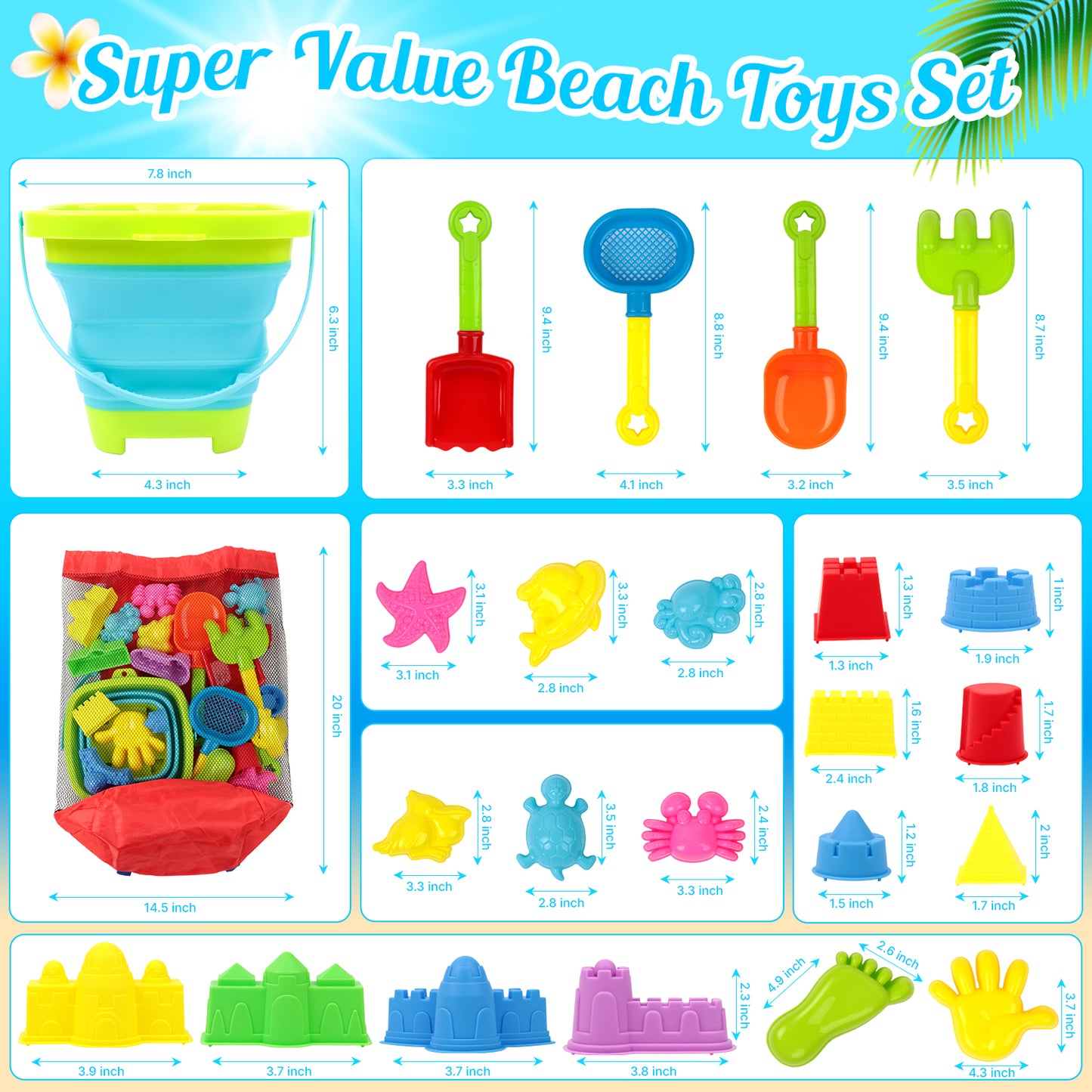 KiddiTouch Collapsible Beach Toys for Kids Toddlers, Sand Buckets and Shovels Set with Mesh Bag, Sand Castle Toys for Beach, Travel Sand Toys, Sandbox Toys for Toddlers Kids Ages 3-12
