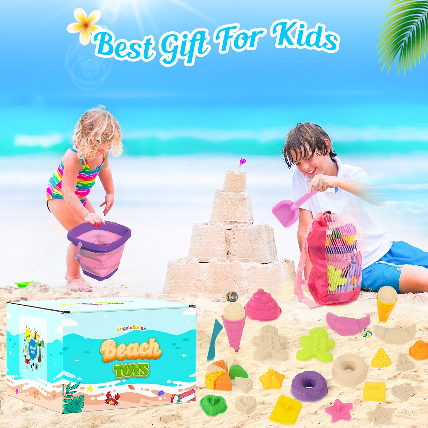 KiddiTouch Sand Toys 35Pcs Beach Toys Sandbox Toys with Collapsible Sand Bucket& Mesh Beach Toy Bag, 4 Sand Tools, 18 Sand Molds, Sand Castle Kit for Girls Kids Ages 3-12