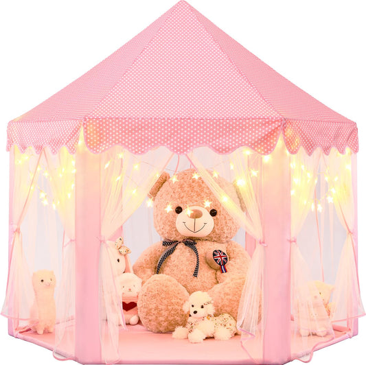 KiddiTouch Princess Castle Play Tent for Girls with Lights, 55" x 53" Collapsible Hexagon Playhouse for Kids Tent Indoor Play Games