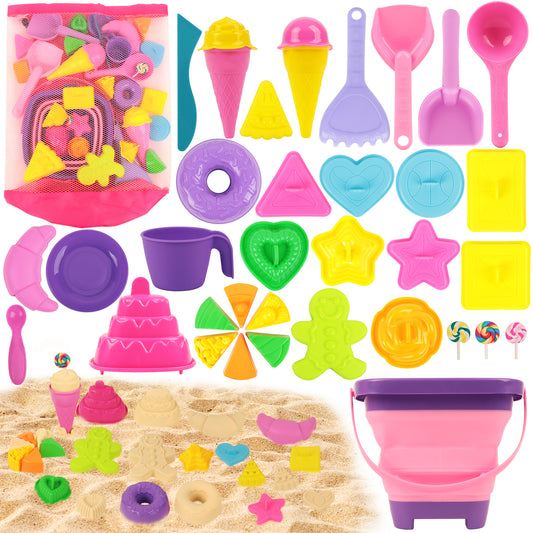 KiddiTouch Sand Toys 35Pcs Beach Toys Sandbox Toys with Collapsible Sand Bucket& Mesh Beach Toy Bag, 4 Sand Tools, 18 Sand Molds, Sand Castle Kit for Girls Kids Ages 3-12
