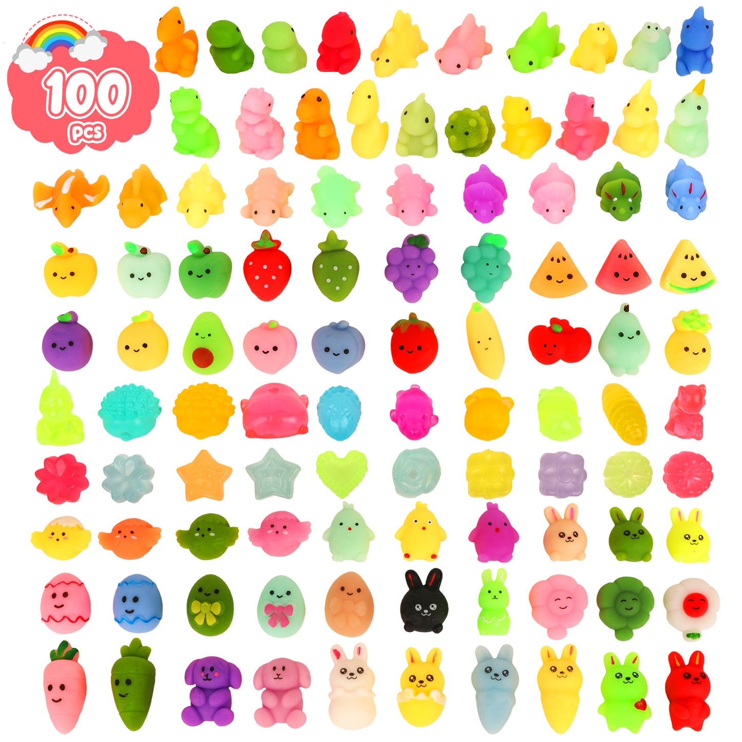 KiddiTouch 100Pcs Mochi Squishy Toys for Kids Party Favors, Mini Stress Relief Toys for Classroom Prizes, Easter Egg Fillers