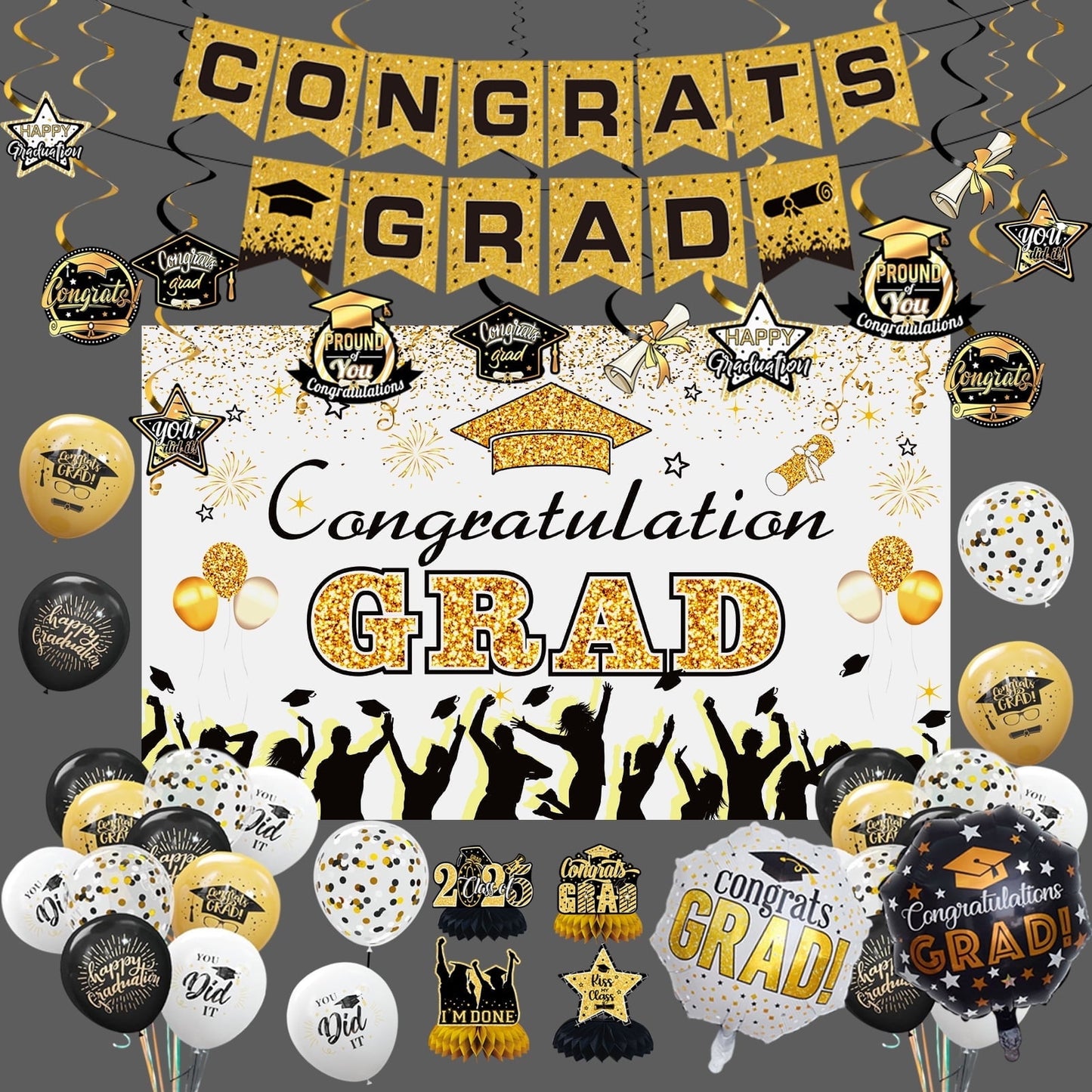 KiddiTouch Graduation Decorations Class of 2025 Gold Themed Backdrop Banner, Graduation Hanging Swirl, Balloons and Honeycomb Supplies for Graduation Party