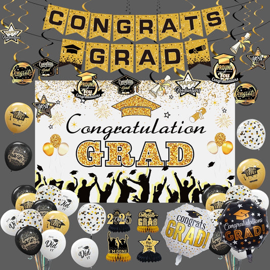 KiddiTouch Graduation Decorations Class of 2025 Gold Themed Backdrop Banner, Graduation Hanging Swirl, Balloons and Honeycomb Supplies for Graduation Party