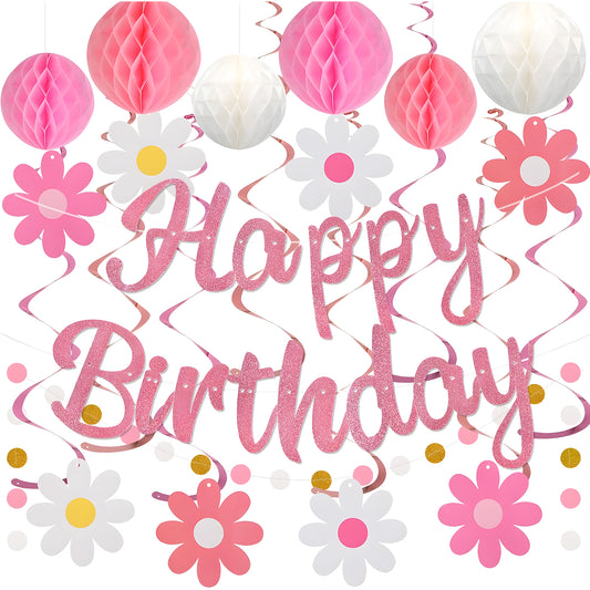 Kidditouch Birthday Decorations, NO DIY, Pre-Strung Happy Birthday Banner with Honeycomb Balls, Hanging Swirls, Circle Dots Garland, Happy Birthday Party Decorations for Women Men Boys Girls (Pink)