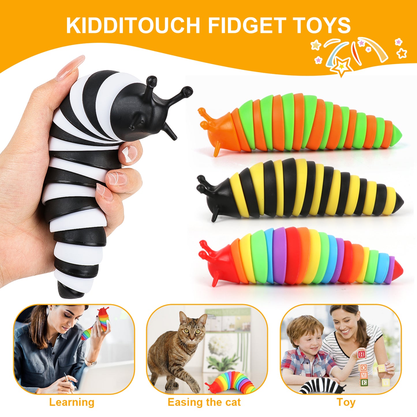 KiddiTouch 4 Pcs Fidget Toy Slug, Sensory Slug Toys for Autistic Kids & Adults, 3D Articulated Sensory Toys for Autistic, Strength Exercise & Stress Relief
