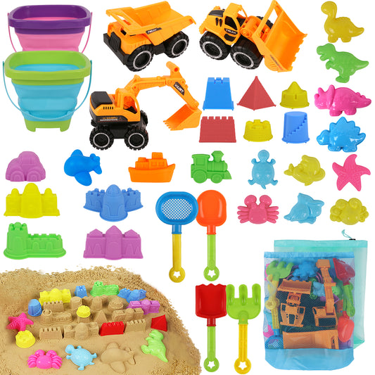 KiddiTouch Sand Toys, 35Pcs Beach Toys, Sandbox Toys with 3 Truck 2 Collapsible Beach Bucket, Sand Castle Toys Kit, Animal Dinosaur Molds, Shovel Set, 2 Mesh Bag, Travel Toys for Boys Girls 3-10