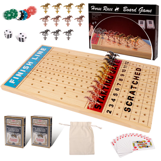 KiddiTouch Horse Racing Game, Horse Race Board Game, Thickened Solid Wood Horse Games with 11 Metal Horses, 2 Dices, 2 Boxes of Cards and 5 Sets of Gaming Chips Gifts for Families Games and Parties