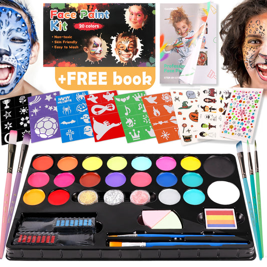 KiddiTouch Face Painting Kit for Kids –20 Colors Water Based Body Face Paint Kit Includes Hair Chalks Comb, Brushes, Stencils, Professional Halloween Makeup