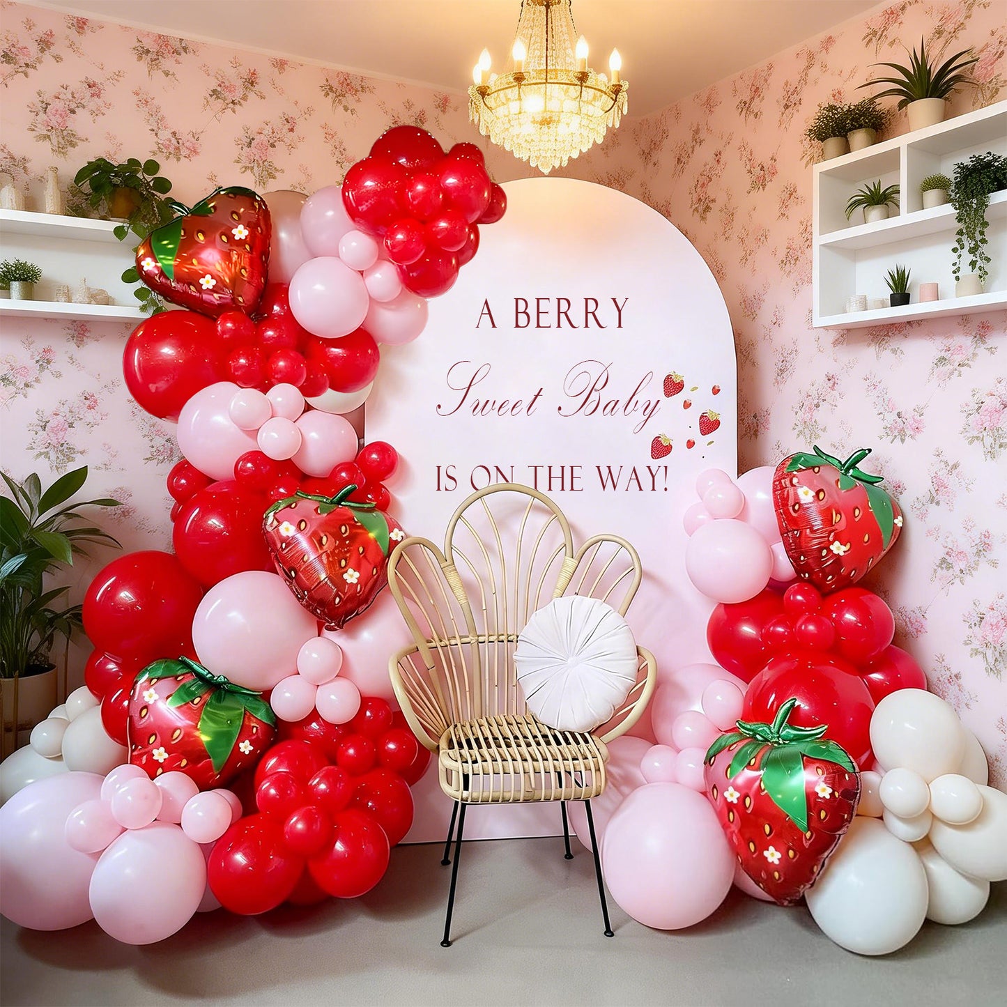 KiddiTouch 121Pcs Strawberry Balloon Arch Garland Kit, Red and Pink Balloons with 23inch Strawberry Foil Balloons for Girls Sweet One Berry First Birthday Baby Shower Strawberry Party Decorations