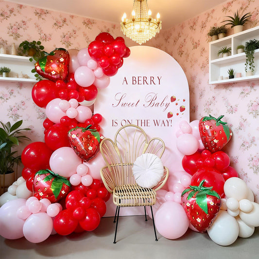 KiddiTouch 121Pcs Strawberry Balloon Arch Garland Kit, Red and Pink Balloons with 23inch Strawberry Foil Balloons for Girls Sweet One Berry First Birthday Baby Shower Strawberry Party Decorations