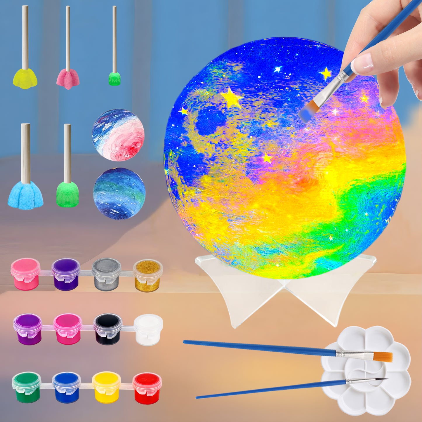 KiddiTouch DIY 3D Moon Lamp Kit, Paint Your Own Moon Night Light, 5.9-inch Galaxy Lamp Arts and Crafts Kit, School Activities, Birthday Gifts for Kids Girls Boys