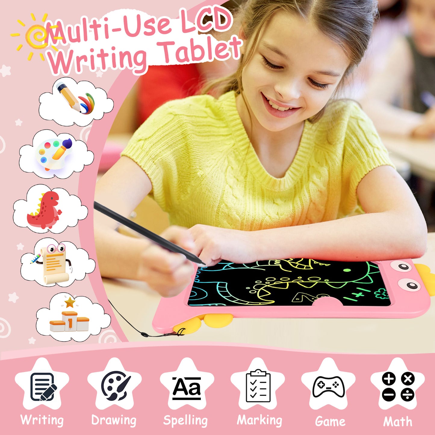 KiddiTouch LCD Writting Tablet for Kids 10 Inch Dinosaur Erasable Doodle Board Mess Free Drawing Pad for Boys Educational Toys Birthday Gift