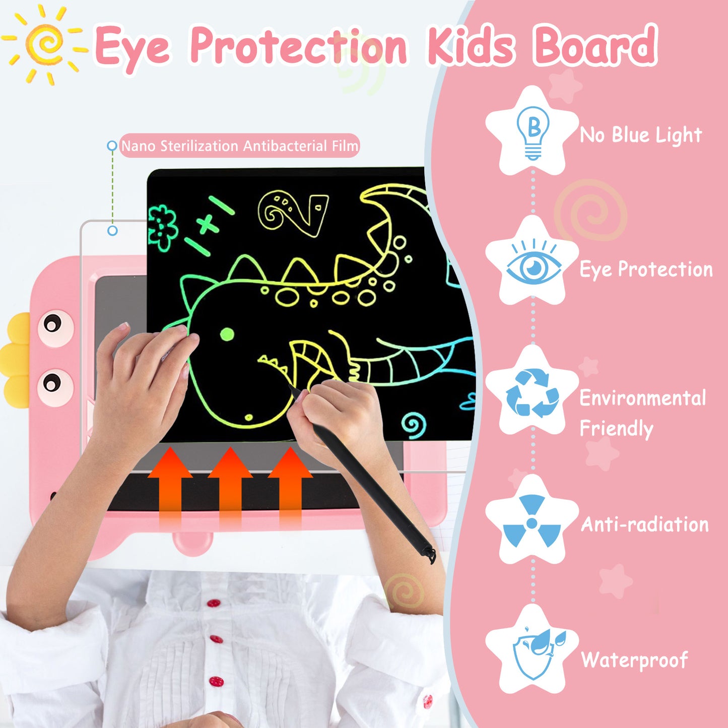 KiddiTouch LCD Writting Tablet for Kids 10 Inch Dinosaur Erasable Doodle Board Mess Free Drawing Pad for Boys Educational Toys Birthday Gift