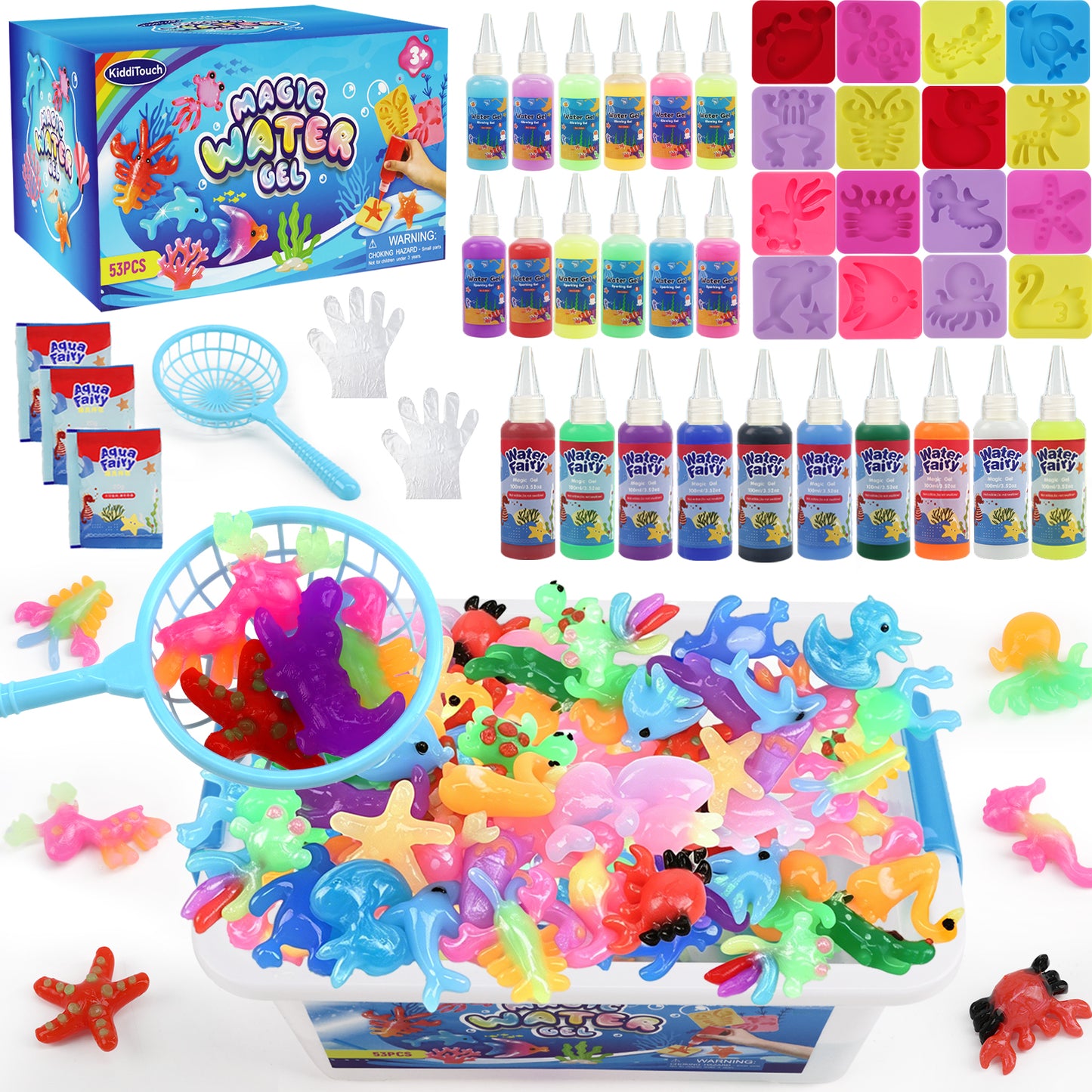 KiddiTouch Magic Water Elf Toy Gel Kit with 22 Gels, 16 Molds, 6 Pack of Magic Powder, Water Pets DIY Sensory Craft Kits for Kids Age 3+