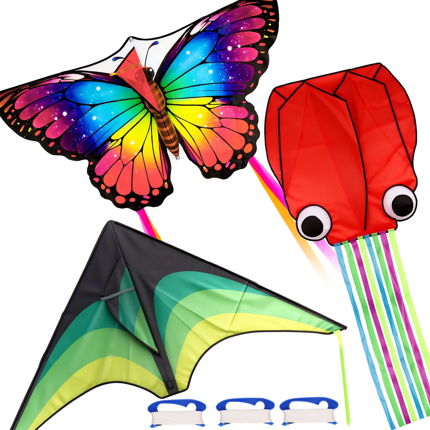 KiddiTouch 3 Pack Kites for Kids and Adults,Easy to Fly Butterfly Delta Octopus Kids Kite Set with 328FT Wire Board for Beginners,Family Outdoor Activities