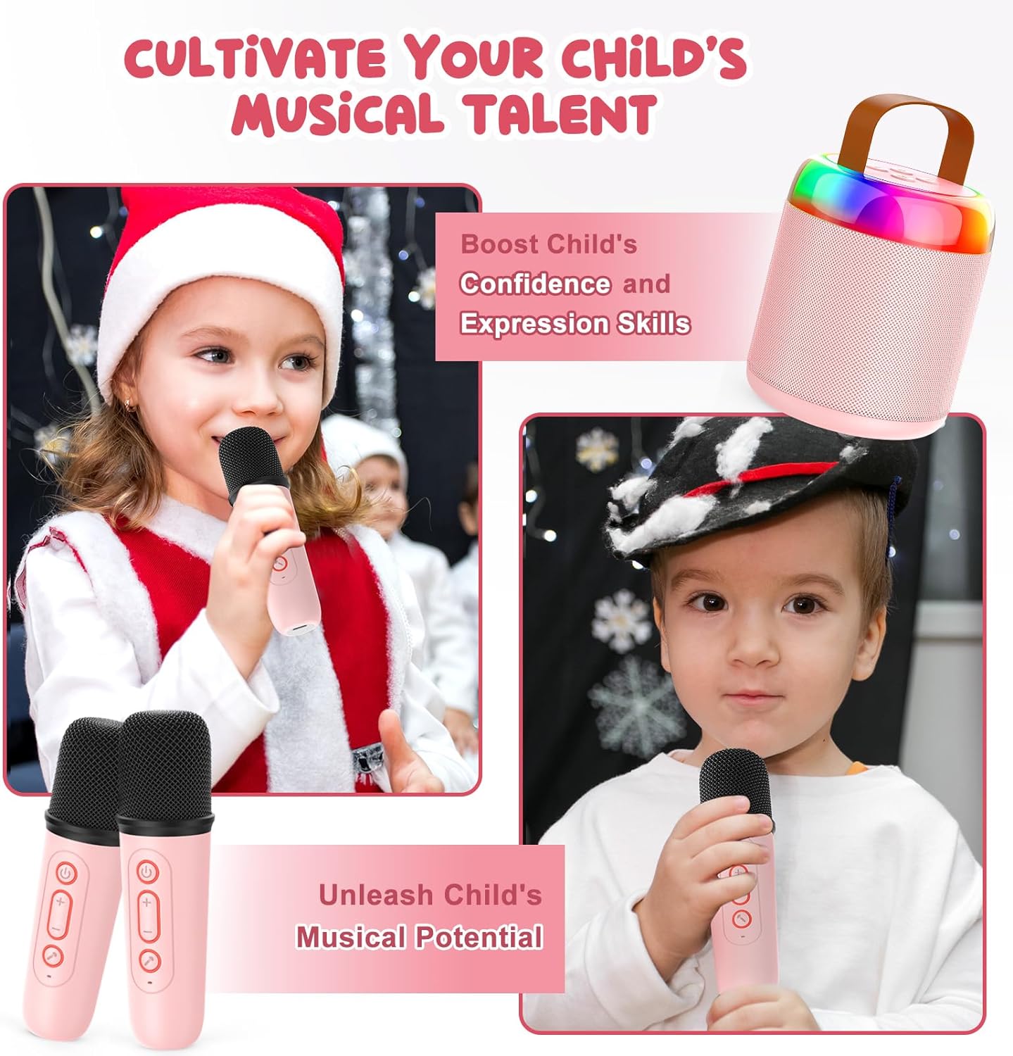 KiddiTouch Mini Karaoke Machine for Kids, Rechargeable Portable Wireless Karaoke Speaker with 2 Microphones and Magic Sounds, Kids Karaoke for Girls Christmas/Birthday/Home Party Gift