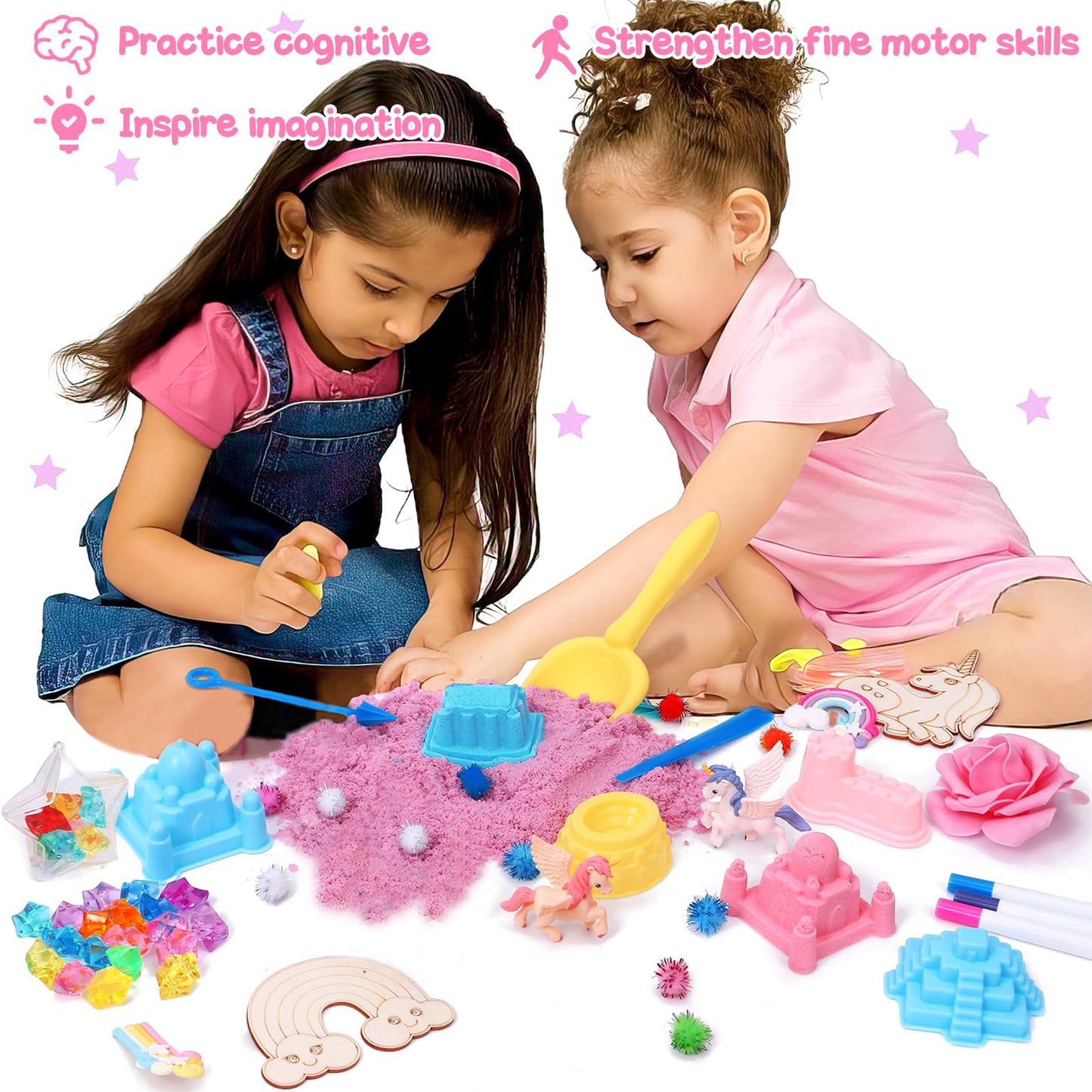 KiddiTouch Sensory Bin Play Sand Set Moldable Sensory Sand Kit, Non-Sticky Sand with Castle Molds and Tools, Sensory Toy Birthday Gift for Girl Toddler Ages 3-8