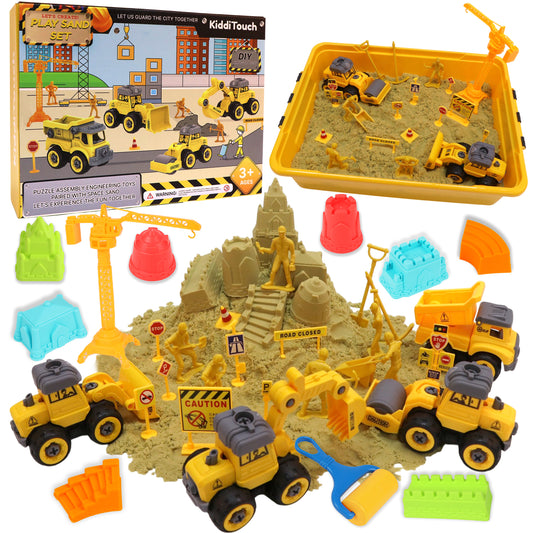 KiddiTouch Sensory Bin, Sandbox with 3.3lbs Play Sand Construction Set, 4 Take Apart Construction Trucks Toys and Signs,Birthday for Boy Kid Toddlers Age 3-8