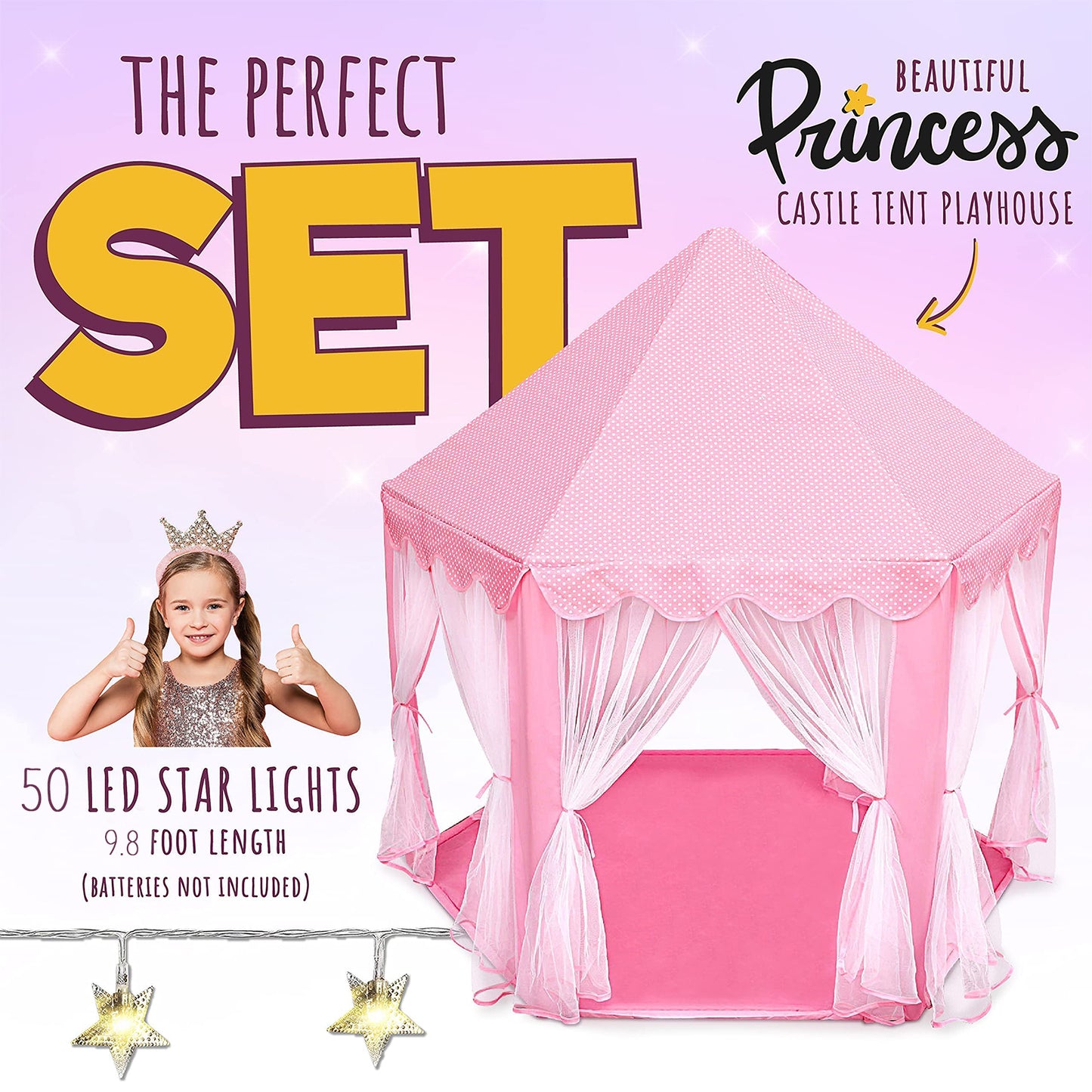 KiddiTouch Princess Castle Play Tent for Girls with Lights, 55" x 53" Collapsible Hexagon Playhouse for Kids Tent Indoor Play Games