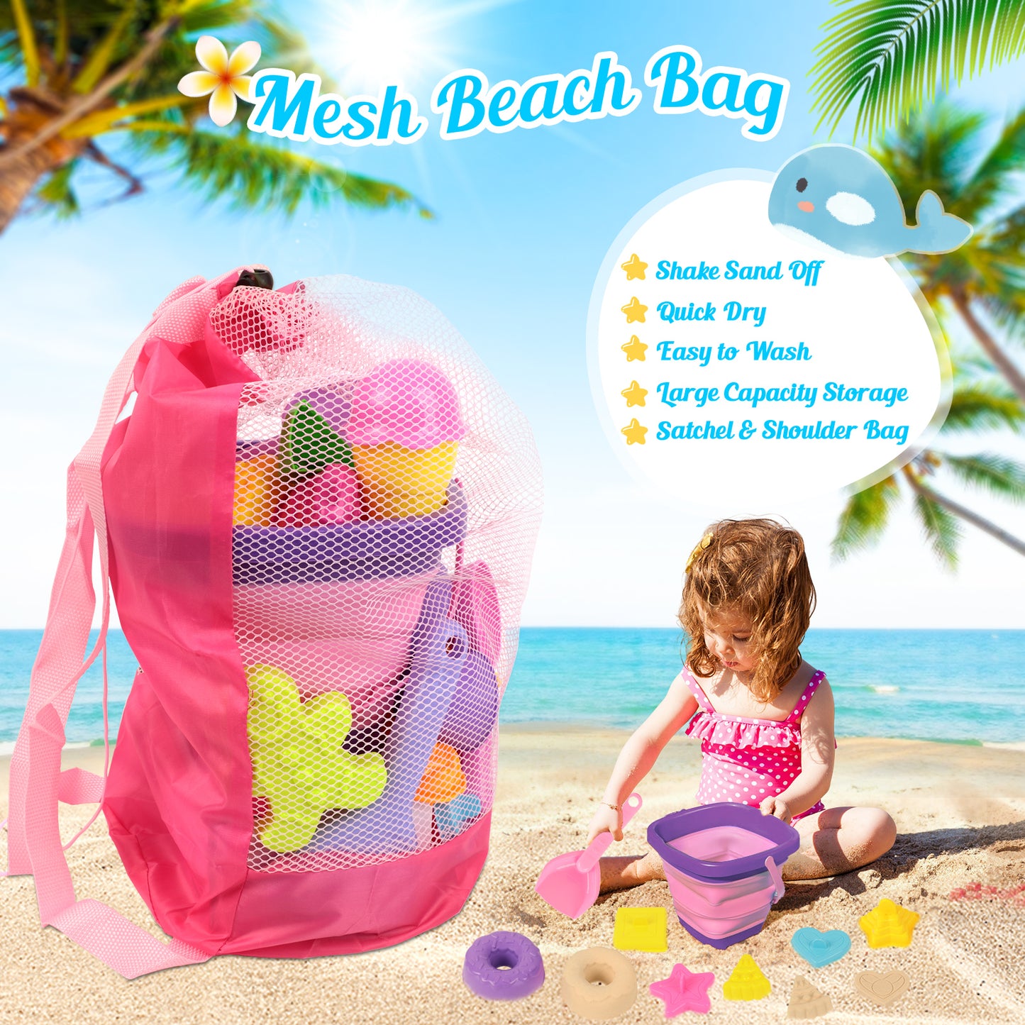 KiddiTouch Sand Toys 35Pcs Beach Toys Sandbox Toys with Collapsible Sand Bucket& Mesh Beach Toy Bag, 4 Sand Tools, 18 Sand Molds, Sand Castle Kit for Girls Kids Ages 3-12