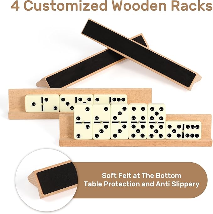 KiddiTouch Dominos Set for Adults with 4 Domino Racks - Double 6 Dominoes Set with Domino Holder, Classic Board Games for Adults - Double Six Standard Dominos Set 28 Tiles with Travel Case