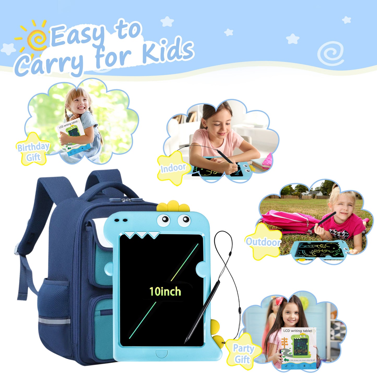 KiddiTouch LCD Writting Tablet for Kids 10 Inch Dinosaur Erasable Doodle Board Mess Free Drawing Pad for Boys Educational Toys Birthday Gift