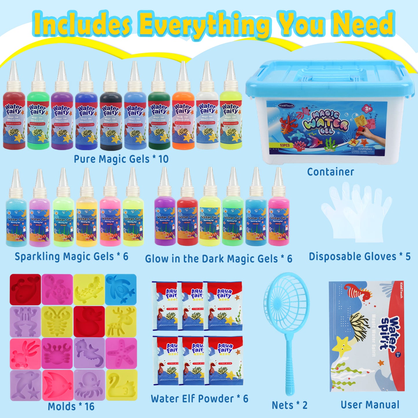 KiddiTouch Magic Water Elf Toy Gel Kit with 22 Gels, 16 Molds, 6 Pack of Magic Powder, Water Pets DIY Sensory Craft Kits for Kids Age 3+