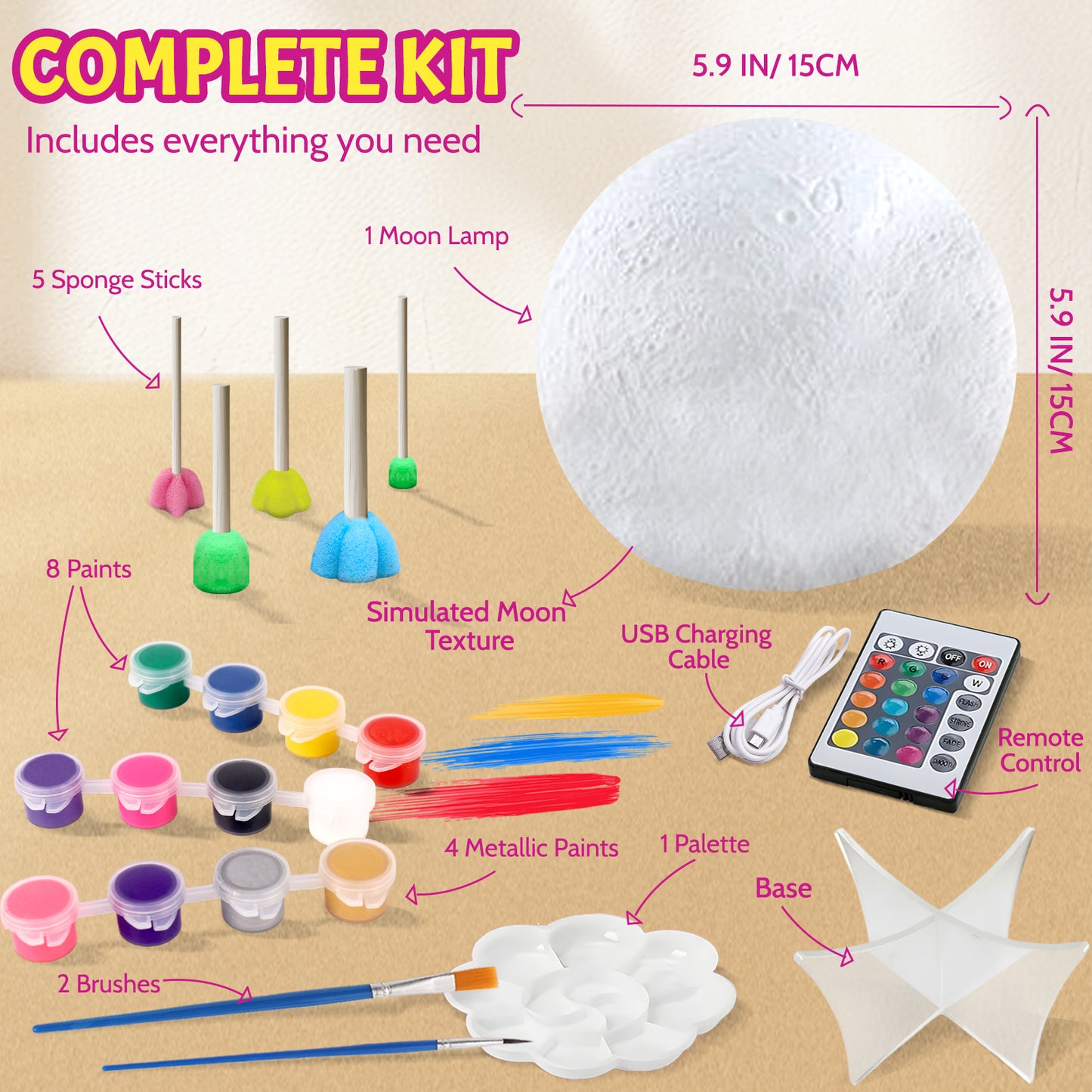 KiddiTouch Rechargeable Paint Your Own Moon Lamp, 5.9-inch 3D Moon Night Light Kit, Galaxy Art and Crafts, Birthday Gifts for Kids Girls Boys Ages 6-12
