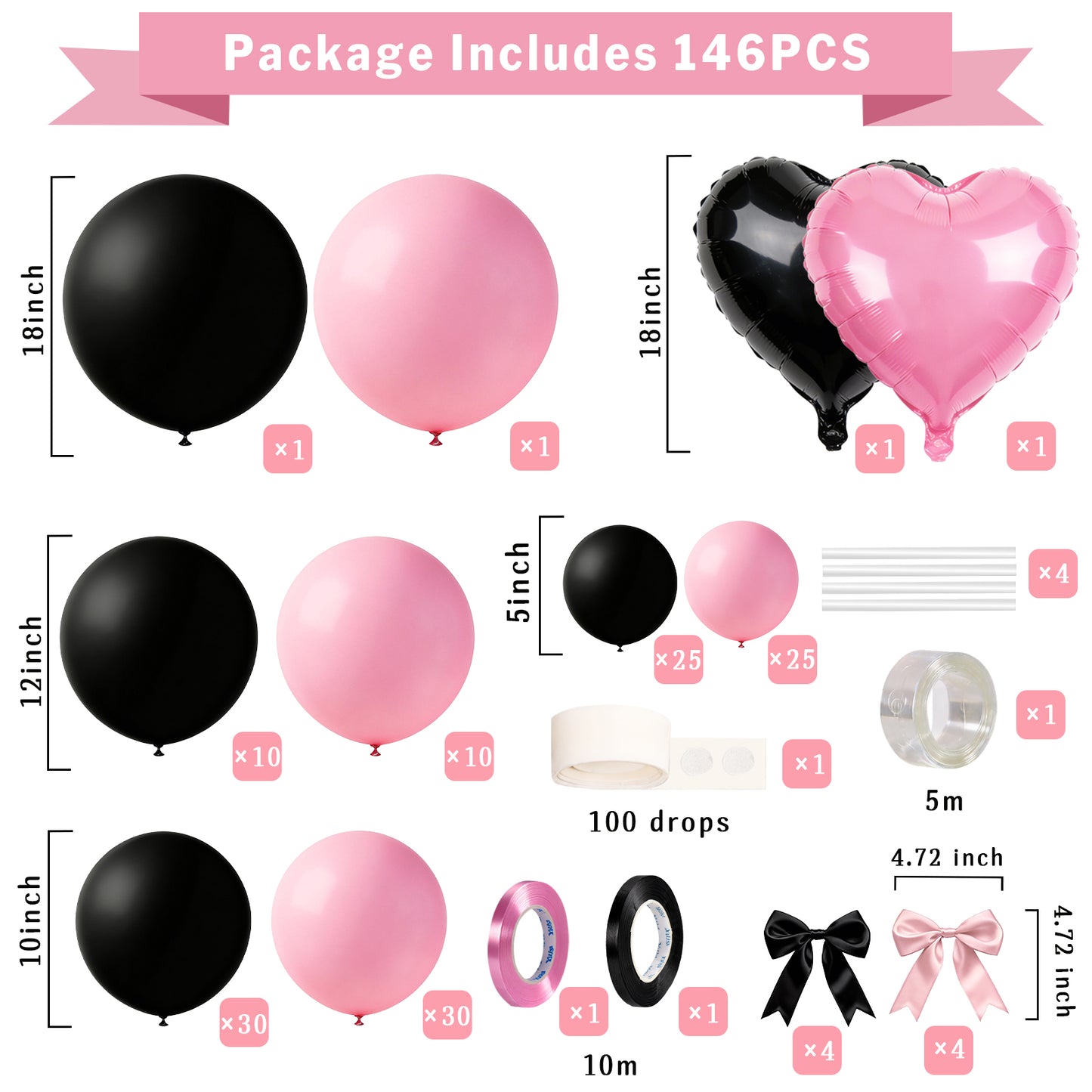 KiddiTouch 146Pcs Black and Pink Balloon Garland Arch Kit, 5 10 12 18 Inch Black Pink Confetti Latex Balloons Decorations for Birthday, Wedding, Baby Shower and Party