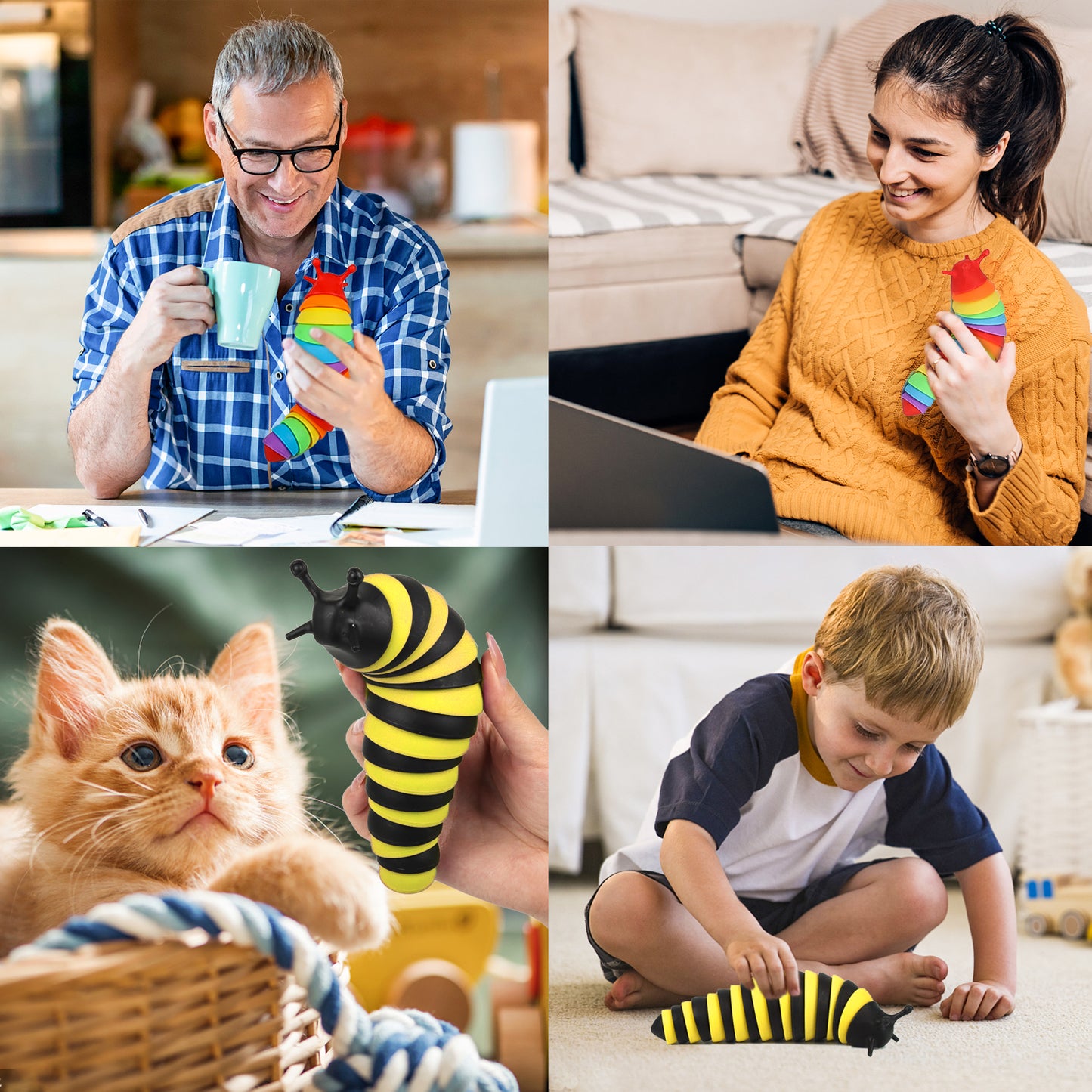 KiddiTouch 4 Pcs Fidget Toy Slug, Sensory Slug Toys for Autistic Kids & Adults, 3D Articulated Sensory Toys for Autistic, Strength Exercise & Stress Relief