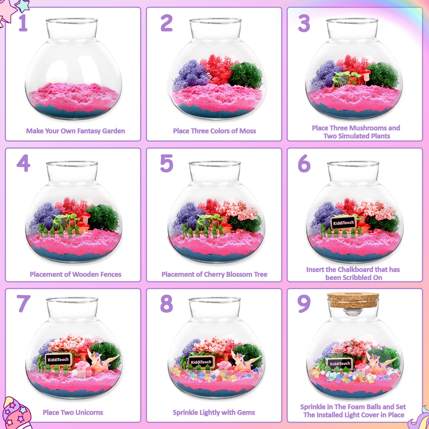 KiddiTouch Terrarium Kit for Kids, Light-Up Birthday Gifts Unicorns Toys for Girls Arts and Crafts for Kids Ages 6-12 Pink