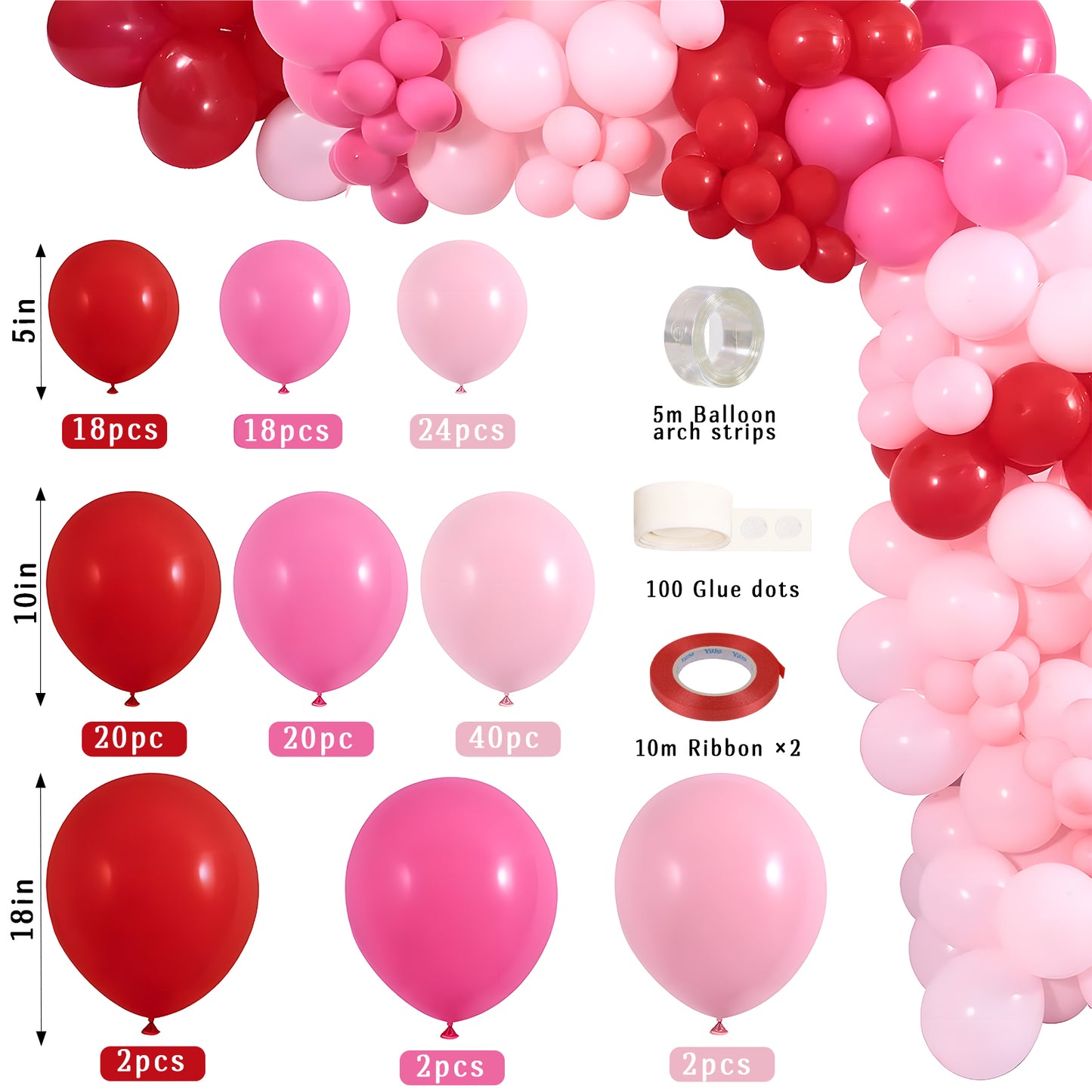 KiddiTouch 150Pcs Red and Pink Balloon Garland Arch Kit, 5 10 12 18 inch, Pink and Red Balloons Decorations for Valentine's Day, Women's Day, Weddings, Engagements