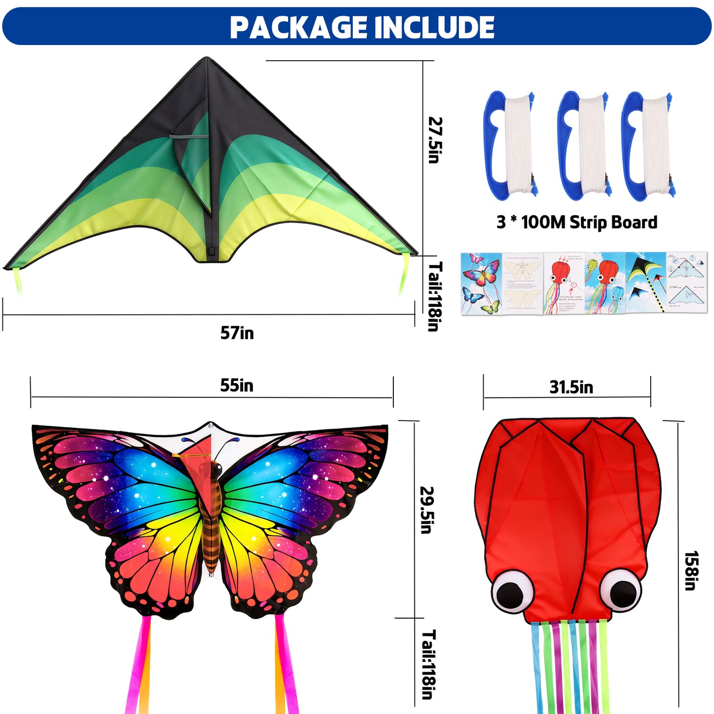KiddiTouch 3 Pack Kites for Kids and Adults,Easy to Fly Butterfly Delta Octopus Kids Kite Set with 328FT Wire Board for Beginners,Family Outdoor Activities