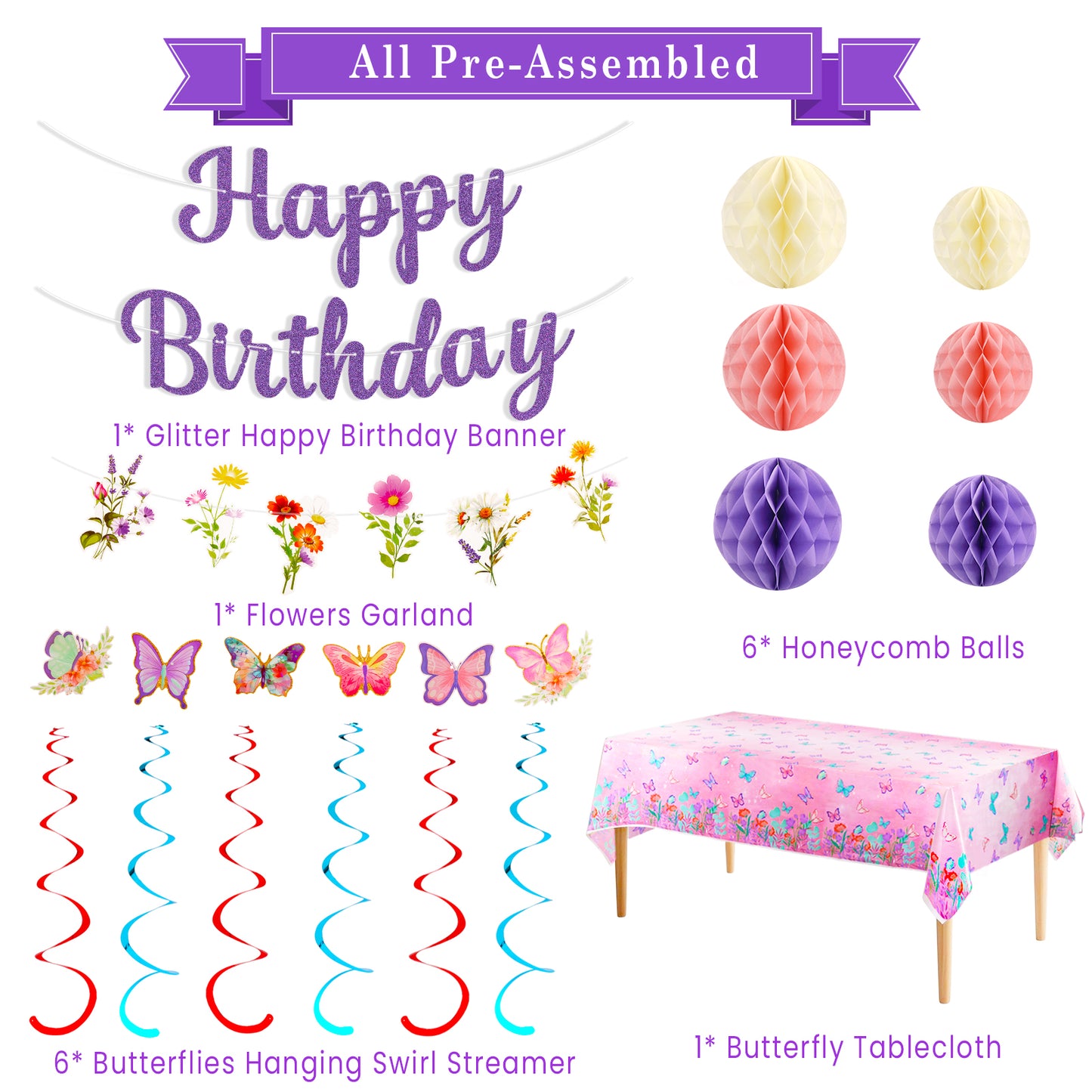 Kidditouch Birthday Decorations, NO DIY, Pre-Strung Happy Birthday Banner with Honeycomb Balls, Butterflies Hanging Swirls Streamer, Flower Garland, Butterflies Tablecloth, Happy Birthday Party Decorations for Women Men Boys Girls (Purple)