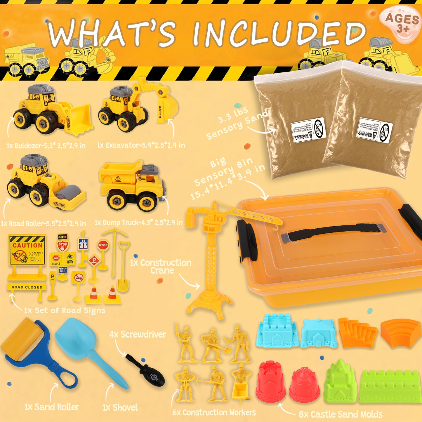 KiddiTouch Sensory Bin, Sandbox with 3.3lbs Play Sand Construction Set, 4 Take Apart Construction Trucks Toys and Signs,Birthday for Boy Kid Toddlers Age 3-8