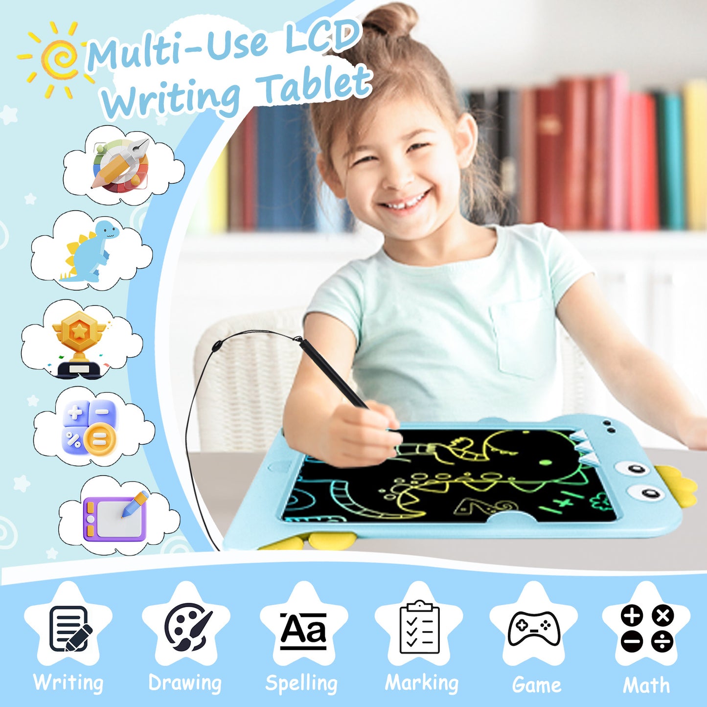 KiddiTouch LCD Writting Tablet for Kids 10 Inch Dinosaur Erasable Doodle Board Mess Free Drawing Pad for Boys Educational Toys Birthday Gift