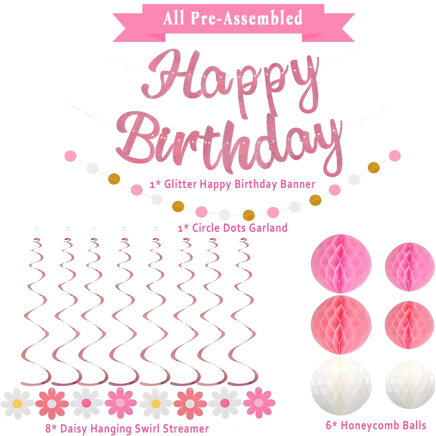 Kidditouch Birthday Decorations, NO DIY, Pre-Strung Happy Birthday Banner with Honeycomb Balls, Hanging Swirls, Circle Dots Garland, Happy Birthday Party Decorations for Women Men Boys Girls (Pink)