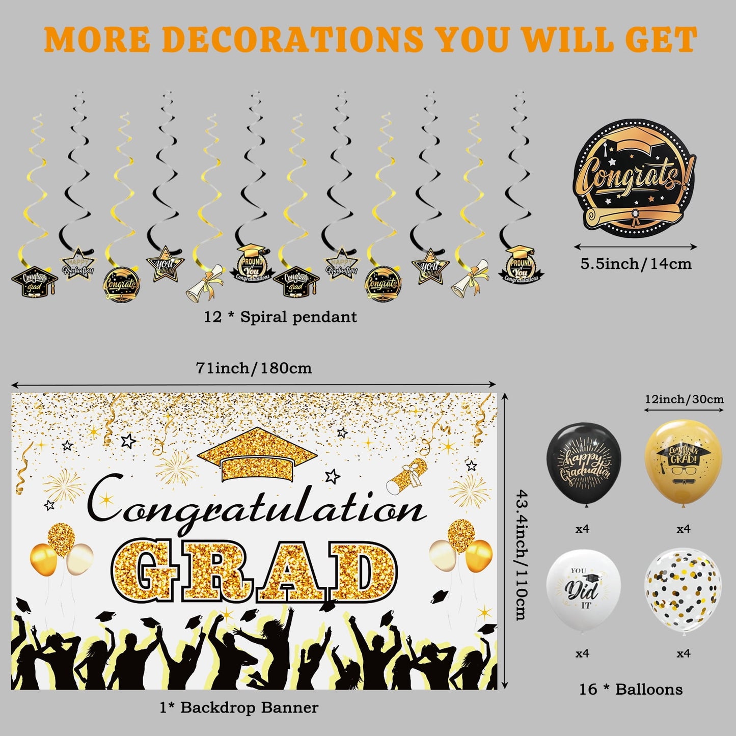 KiddiTouch Graduation Decorations Class of 2025 Gold Themed Backdrop Banner, Graduation Hanging Swirl, Balloons and Honeycomb Supplies for Graduation Party