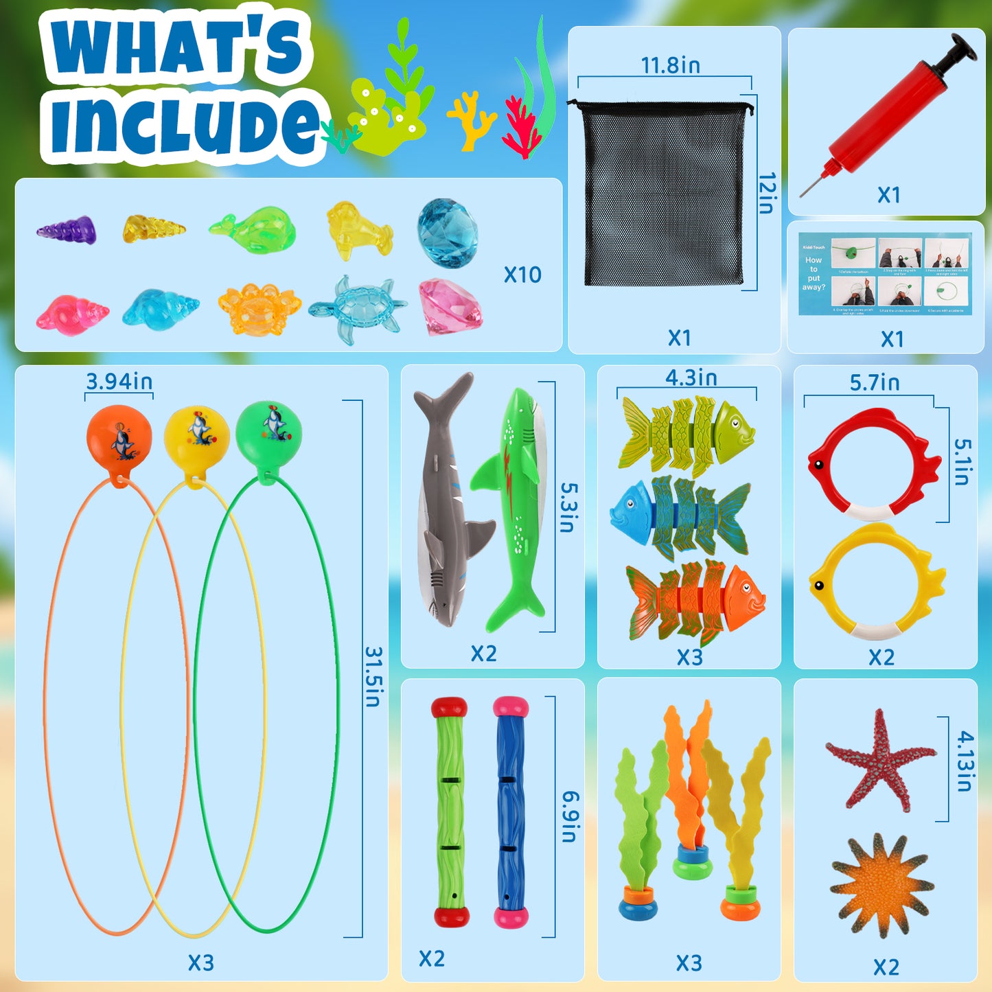 KiddiTouch 31 pcs Pool Toys for Kids and Adults,Swim Thru Rings Game Diving Toy with Big Dive Ring Storage Bag Underwater Treasures Starfish Fun Water Swimming