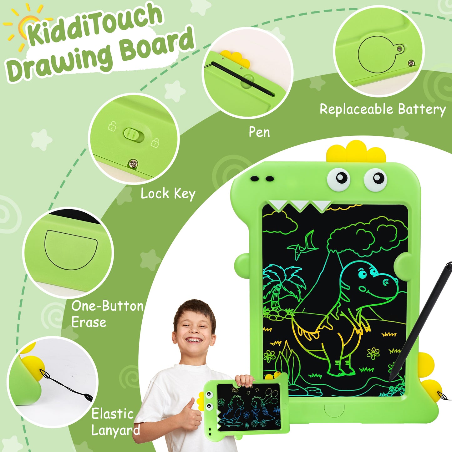 KiddiTouch LCD Writting Tablet for Kids 10 Inch Dinosaur Erasable Doodle Board Mess Free Drawing Pad for Boys Educational Toys Birthday Gift