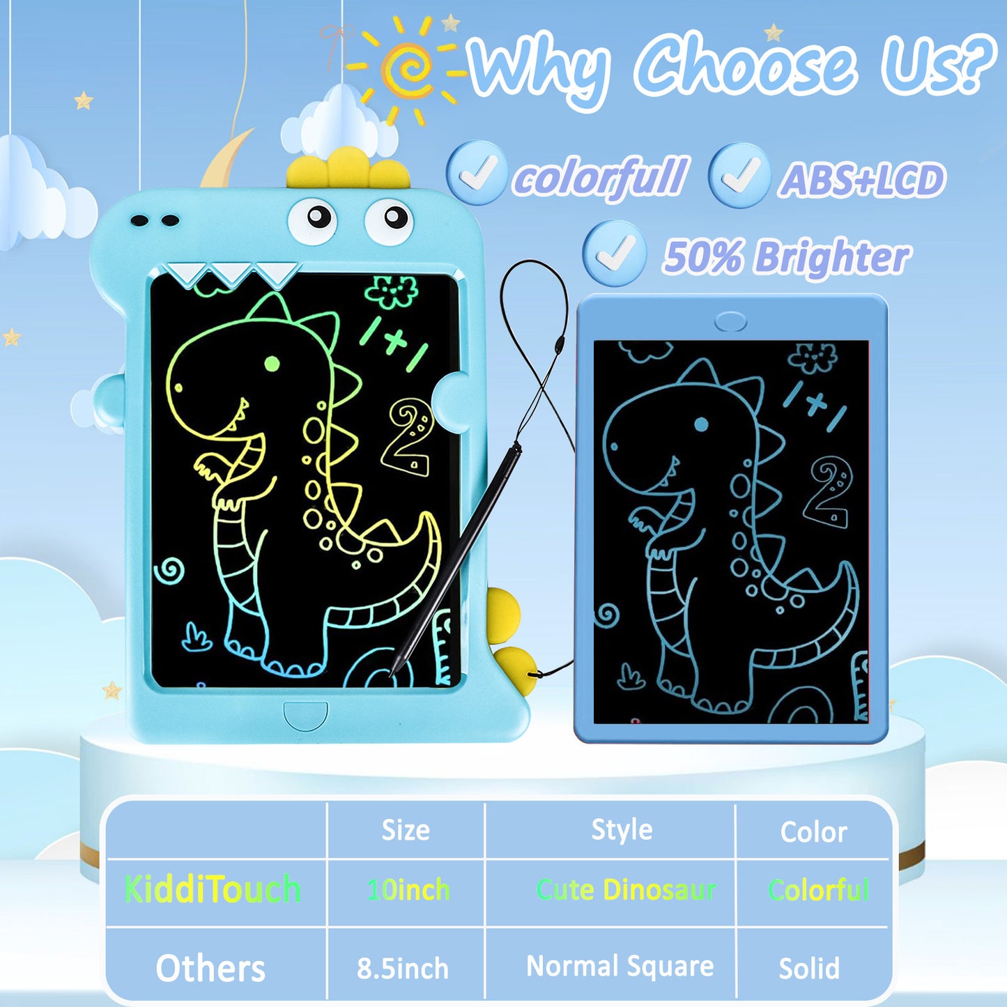 KiddiTouch LCD Writting Tablet for Kids 10 Inch Dinosaur Erasable Doodle Board Mess Free Drawing Pad for Boys Educational Toys Birthday Gift