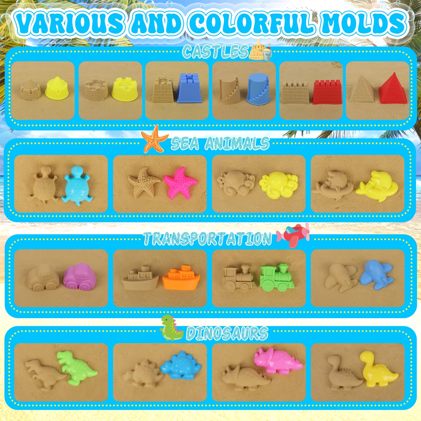 KiddiTouch Sand Toys, 35Pcs Beach Toys, Sandbox Toys with 3 Truck 2 Collapsible Beach Bucket, Sand Castle Toys Kit, Animal Dinosaur Molds, Shovel Set, 2 Mesh Bag, Travel Toys for Boys Girls 3-10