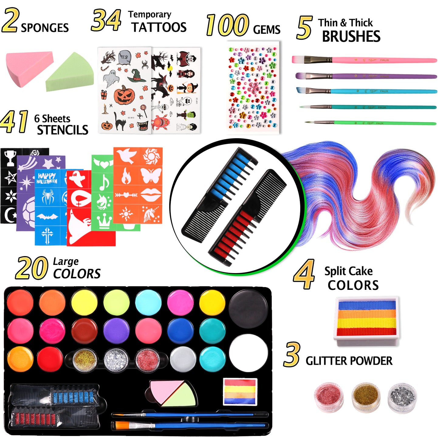 KiddiTouch Face Painting Kit for Kids –20 Colors Water Based Body Face Paint Kit Includes Hair Chalks Comb, Brushes, Stencils, Professional Halloween Makeup