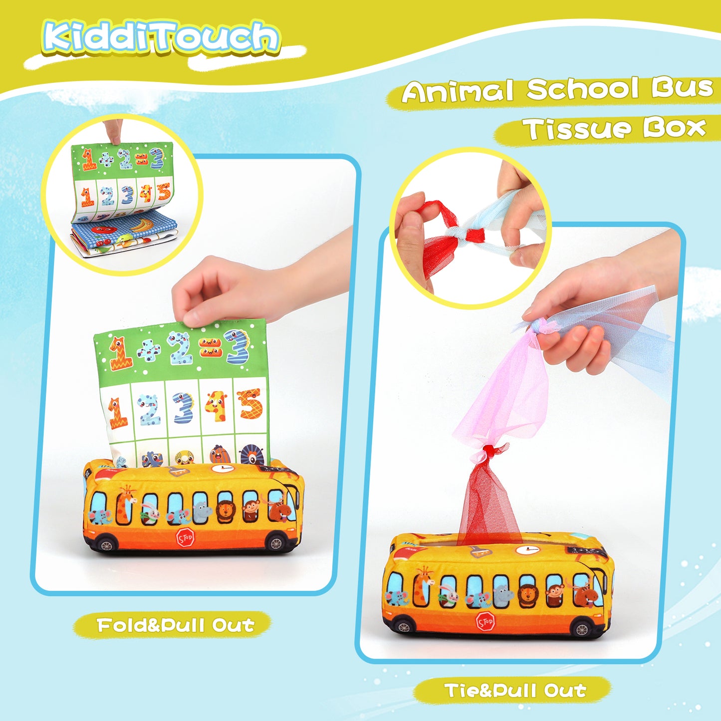 Baby Tissue Box Toy, Soft Montessori Toys for Babies 6 to 12 Months, Crinkle Paper Sensory Silk Scarves Toys for 1 Year Old Boys Girls Kids Early Learning Gifts(Bus)