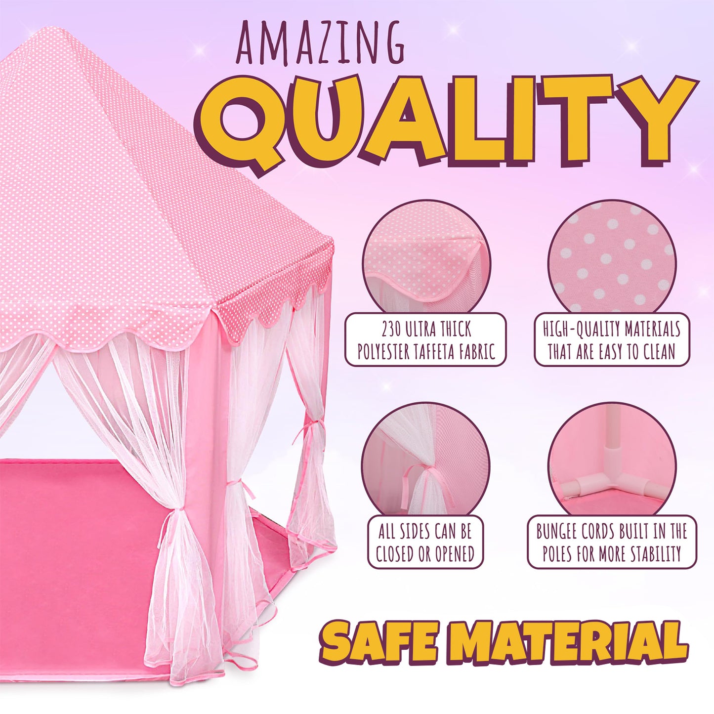 KiddiTouch Princess Castle Play Tent for Girls with Lights, 55" x 53" Collapsible Hexagon Playhouse for Kids Tent Indoor Play Games