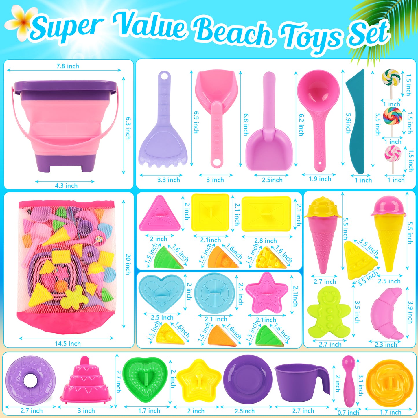 KiddiTouch Sand Toys 35Pcs Beach Toys Sandbox Toys with Collapsible Sand Bucket& Mesh Beach Toy Bag, 4 Sand Tools, 18 Sand Molds, Sand Castle Kit for Girls Kids Ages 3-12